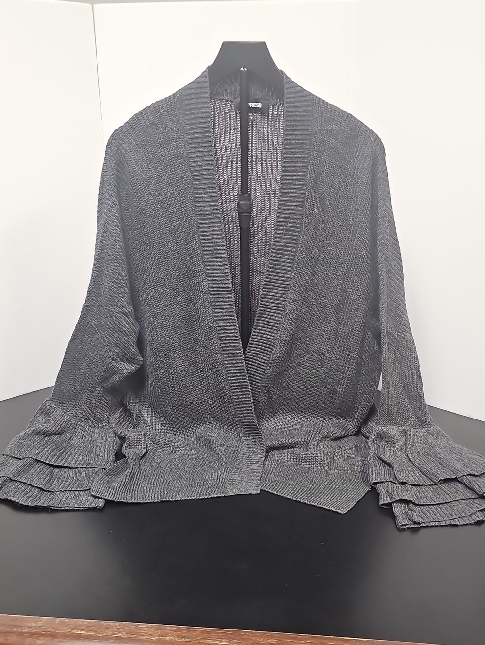 Express Charcoal Gray Open-Front Ruffle Sleeve Cardigan